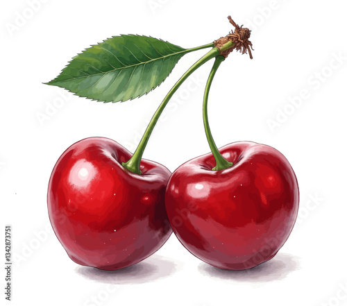 Pair of shiny red cherries with green stem and leaf