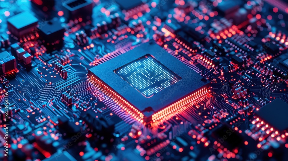 Close-Up of a Computer Microchip on a Circuit Board with Lights
