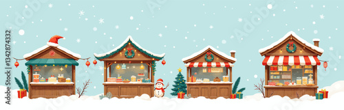 Pixelated Winter Holiday Market Stalls in Snowfall