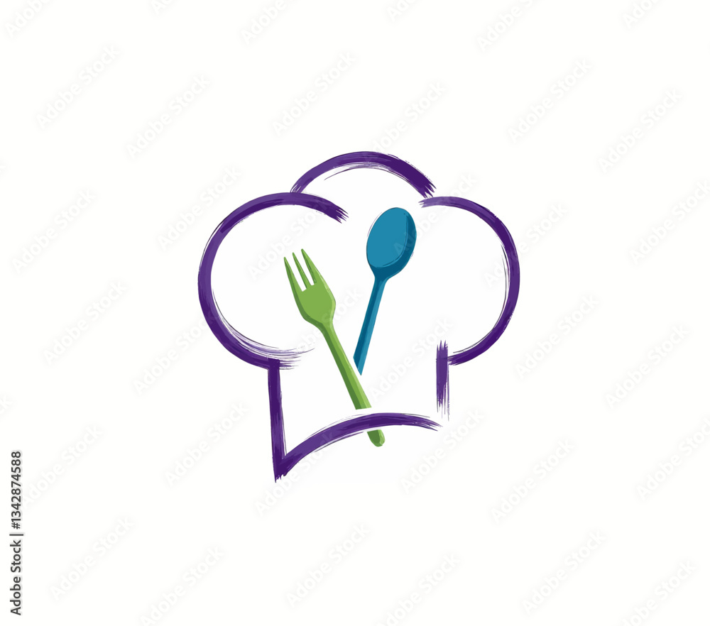 Purple Chef Hat with Blue Spoon and Green Fork Icon Purple Chef Hat with Blue Spoon and Green Fork Icon