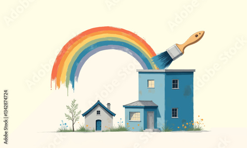 Rainbow Painted by Brush Over Blue House and Cottage
