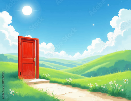 Red Door to Green Pastures Under a Bright Sky