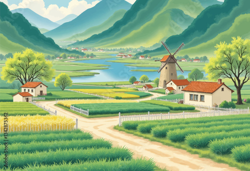Scenic farmland with windmill, mountains and river landscape