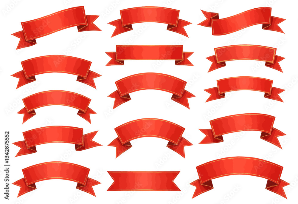 Set of fifteen red decorative stitched banners Set of fifteen red decorative stitched banners