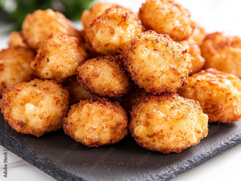 Plate of comforting air-fried mac and cheese bites served on a slate platter for a deliciously indulgent snack experience Plate of comforting air-fried mac and cheese bites served on a slate platter for a deliciously indulgent snack experience