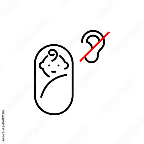 Baby swaddle and no ear symbol. Silent nursery mode, hearing-impaired baby care, no sound alerts. Pixel perfect, editable stroke vector icon