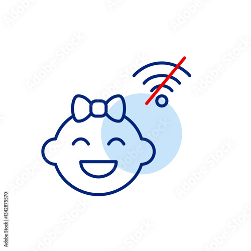 Happy baby girl and no wi-fi. Disconnected wi-fi parenting, digital detox for children. Pixel perfect, editable stroke vector icon