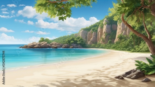 A serene beach scene depicting soft,