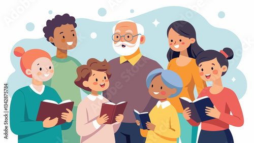A beautiful fusion of generations as the seniors share their wisdom and stories through poetry while younger attendees gain a glimpse into the golden years ahead.. Vector illustration