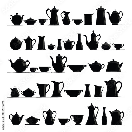 Silhouetted Teapots and Cups on Shelves