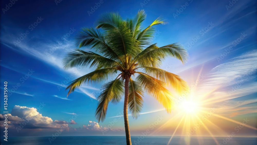 Obraz premium Tropical Paradise Sun-Kissed Palm Tree Silhouette at Golden Hour by the Ocean