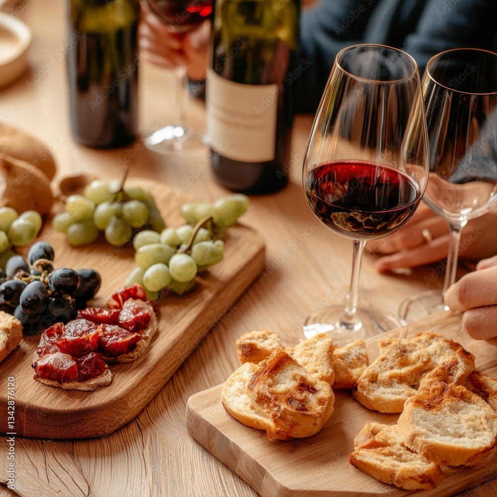 A person holding a elegant wine glass at a cozy dinner gathering with friends enjoying delicious food and togetherness A person holding a elegant wine glass at a cozy dinner gathering with friends enjoying delicious food and togetherness