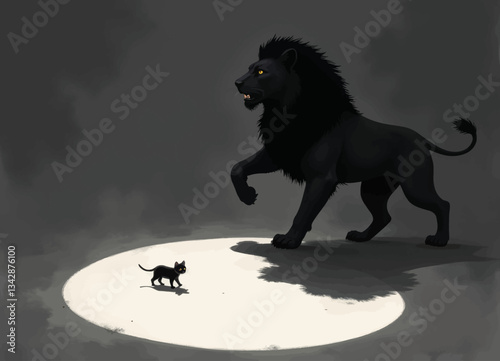 Spotlight Showdown: Black Lion vs Kitten, Size Contrast