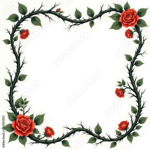 Square frame of red roses with thorns and green leaves