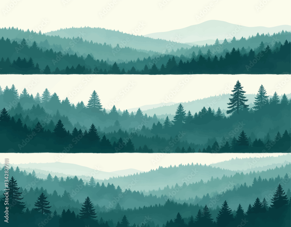 Tranquil teal mountain range with evergreen forest views