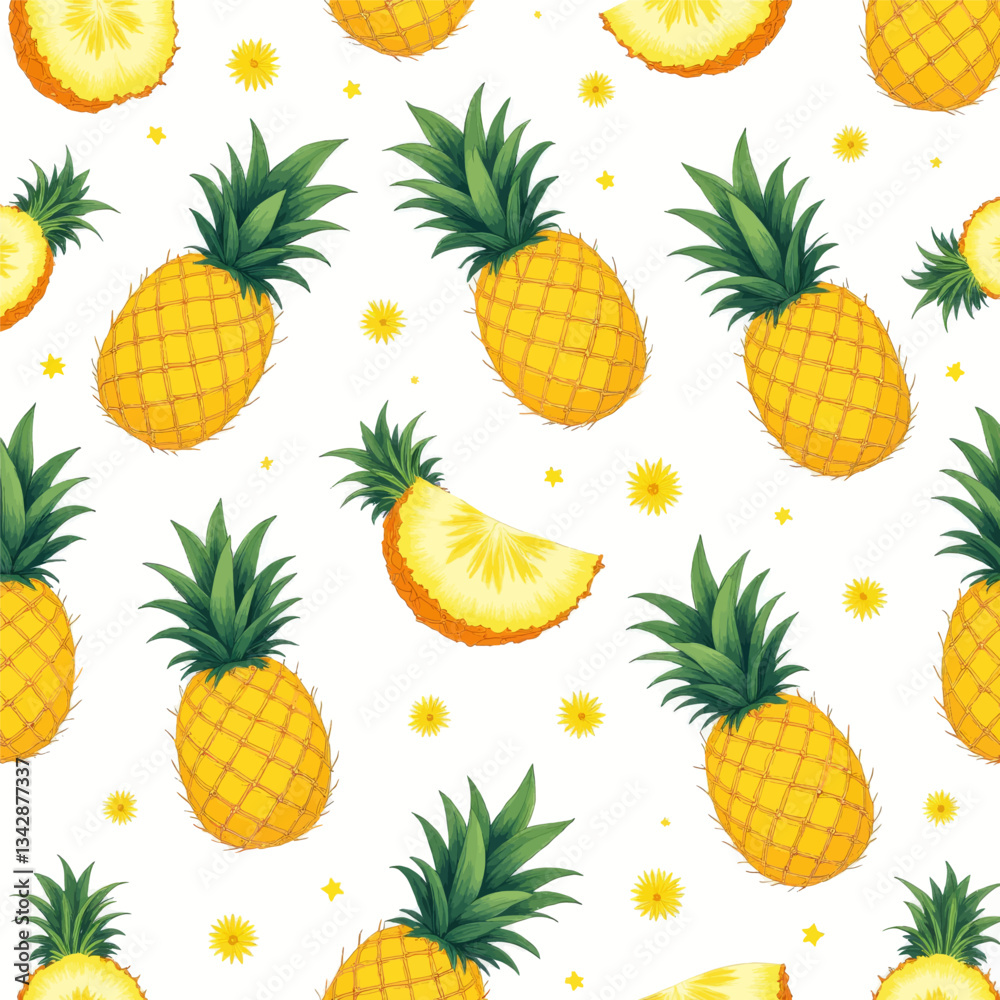 Vibrant yellow pineapple pattern on white background