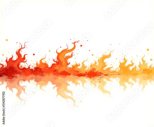 Watercolor Fire Line with Reflection on White