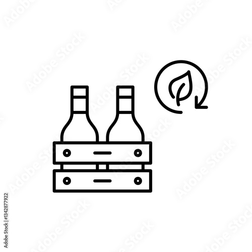 Wine bottles in wooden crate, leaf in recycling arrow. Organic farmer alcohol. Eco-friendly shopping and groceries. Pixel perfect, editable stroke vector icon