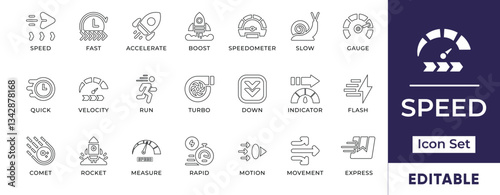 Flat speed line icon set representing fast delivery, motion blur, acceleration, express shipping, performance boost, quick response, and rapid progress.