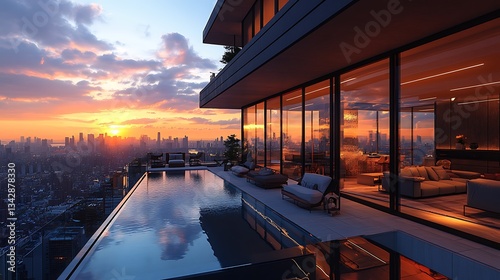 A luxurious high-rise penthouse with floor-to-ceiling glass walls showcasing a breathtaking cityscape at sunset, complete with a private rooftop infinity pool and contemporary furniture.