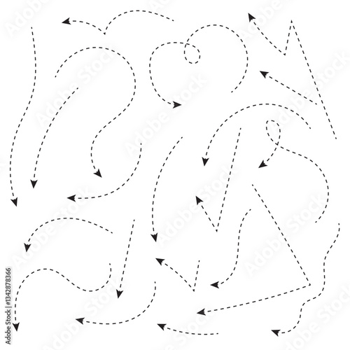 Set of black dotted arrows in doodle style. Broken arrows in the form of a loop. Flow direction. Pointers to the wire, up, down. Curved line. Vector illustration. 