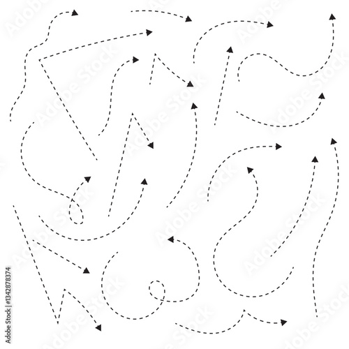Set of black dotted arrows in doodle style. Broken arrows in the form of a loop. Flow direction. Pointers to the wire, up, down. Curved line. Vector illustration. 