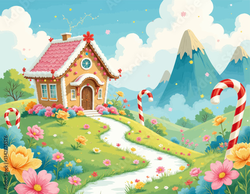 Whimsical candy cane lane leading to storybook gingerbread house