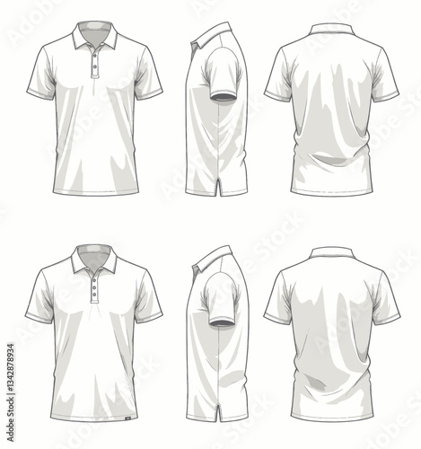 White polo shirt technical sketch, different angles