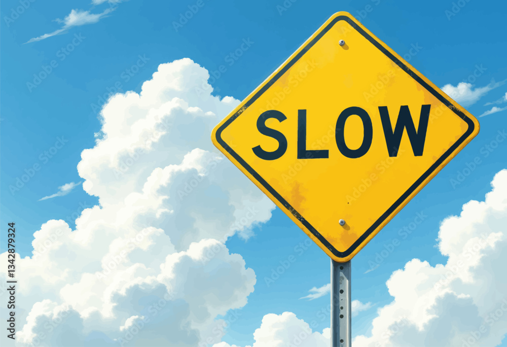 Yellow slow sign against puffy white clouds, blue sky Yellow slow sign against puffy white clouds, blue sky