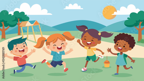 The childrens laughter and screams of joy echo across the playground as they play their favorite game of tag during recess.. Vector illustration