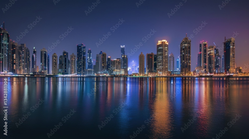 Naklejka premium A vibrant skyline of Dubai with modern skyscrapers.