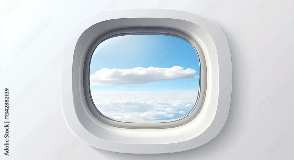 Fototapeta premium Airplane window view showcasing fluffy clouds and bright blue sky during flight