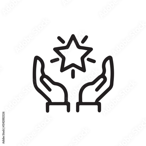 Outline icon value, best score, high quality product, experience. Human hand holding-hugging shining star symbol. Vector illustration isolated pictograms for web on white background.
