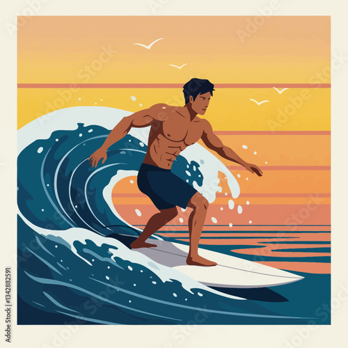 Man Surfing Wave - Vector Illustration