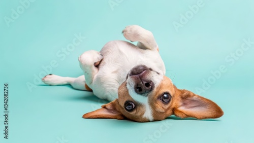 Dog playtime routines concept Playful dog lying on its back against a turquoise background.