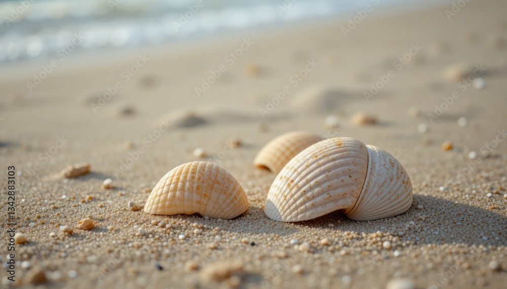 Serene Coastal Scene Textured Shells on Sandy Beach Serene Coastal Scene Textured Shells on Sandy Beach
