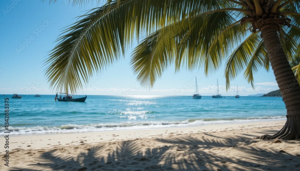 Fototapeta premium Serene Beach Scene Palm Tree Shadows on Pristine Shoreline
