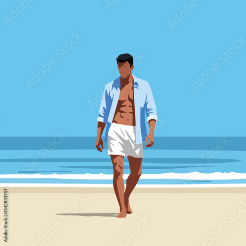 Man Walking on Beach - Vector Illustration