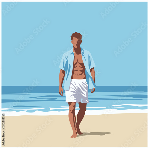 Man Walking on Beach - Vector Illustration