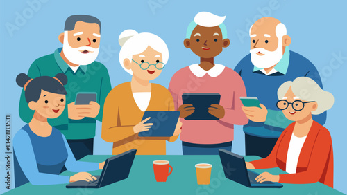 A group of seniors gather around a table filled with different types of tablets asking questions and exchanging tips with each other as they explore the devices.. Vector illustration