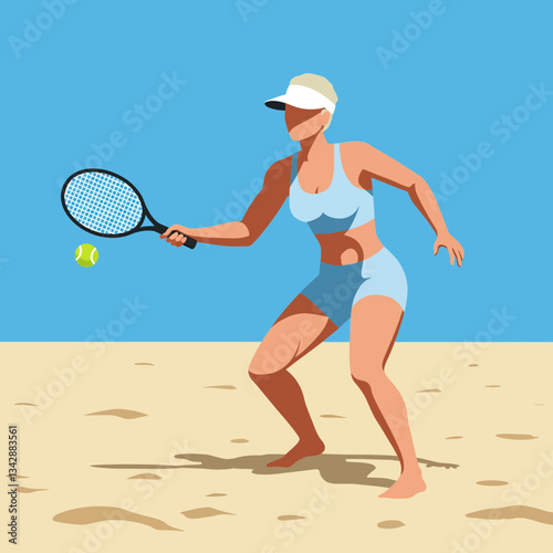 Woman Playing Beach Tennis - Vector Illustration