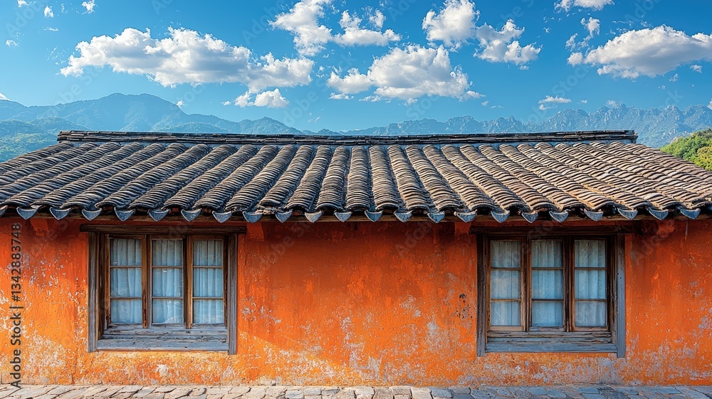 Rustic orange house with wooden windows under a bright blue sky and mountains Rustic orange house with wooden windows under a bright blue sky and mountains