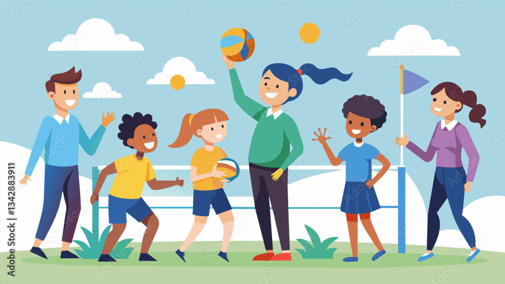 Teachers and students team up for a game of volleyball promoting teamwork and friendly competition while staying active.. Vector illustration