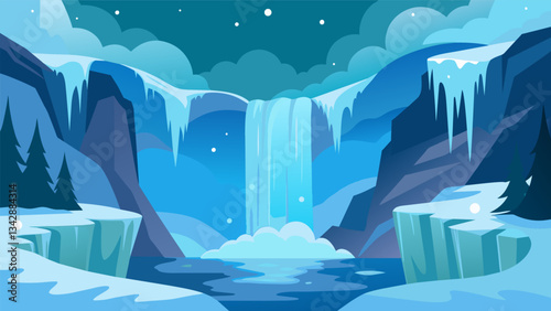 A frozen waterfall in the winter capturing the stillness and serenity of a winter wonderland.. Vector illustration