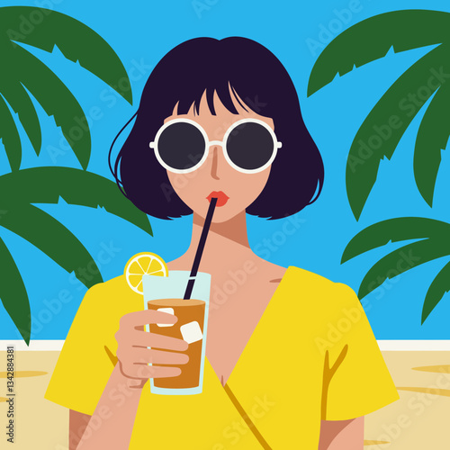Woman with Sunglasses and Drink - Tropical Vector