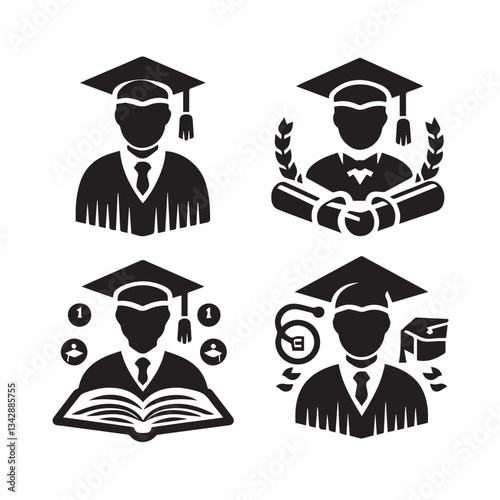 Graduate Icon set Student Ideal for Education or Graduation black and white