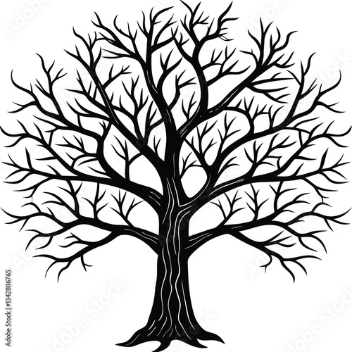 A striking, black and white silhouette of a leafless tree, perfect for representing winter, solitude, or the passage of time.