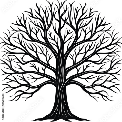 A striking, black and white silhouette of a leafless tree, perfect for representing winter, solitude, or the passage of time.