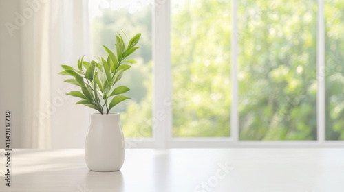 serene indoor scene featuring green plant in white vase, brightened by natural light