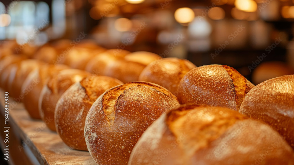 Freshly baked bread rolls lined up wooden shelf, showcasing their golden crusts and warm texture Freshly baked bread rolls lined up wooden shelf, showcasing their golden crusts and warm texture